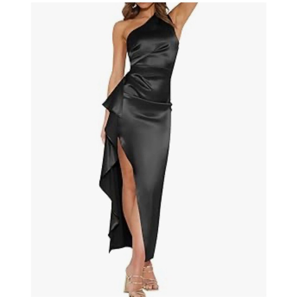 NEW Black Satin 1 Shoulder Long Sleeve High Slit Maxi Dress S - Picture 2 of 6